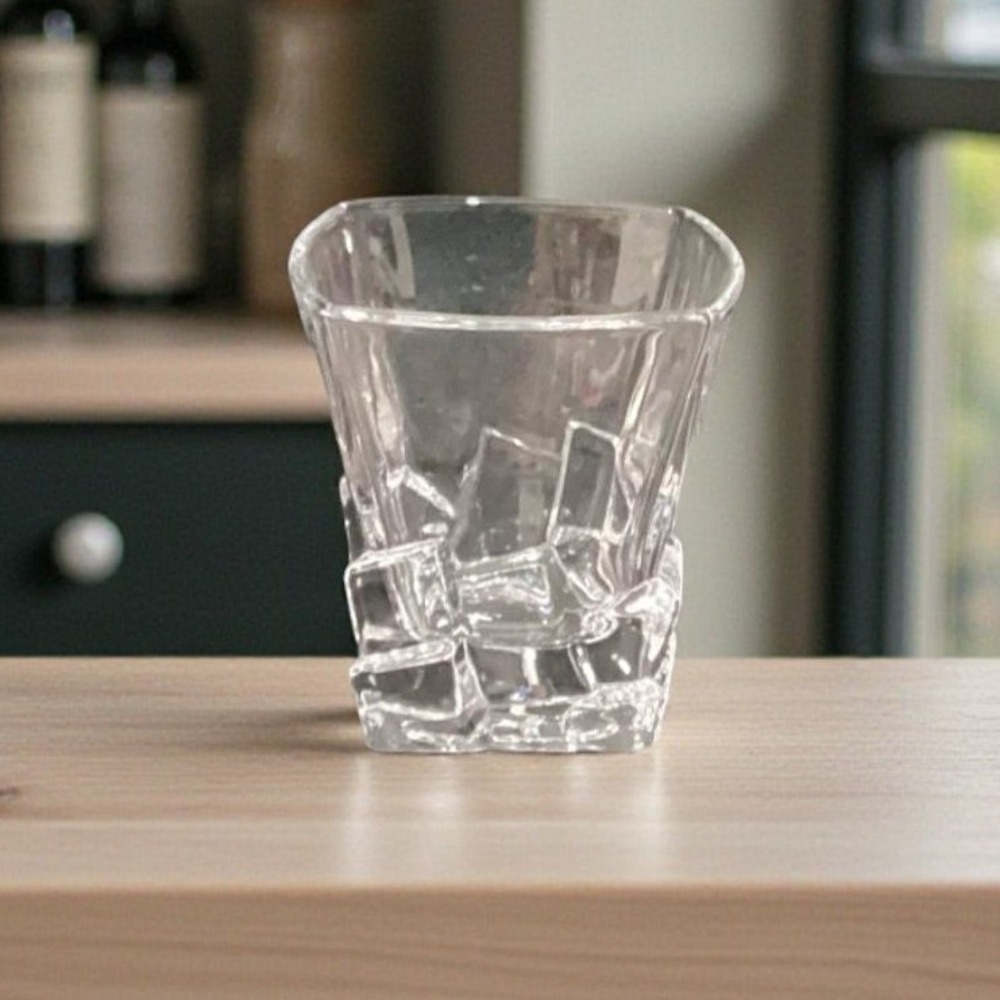 Ice Cube Sculpted‎ Rocks Glass, Vintage Square Whiskey Tumbler, Clear Barware